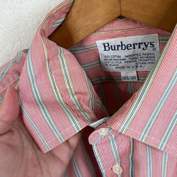 VTG Burberry's Burberry Men's Red and White Striped Button Down Shirt - Picture 5 of 6